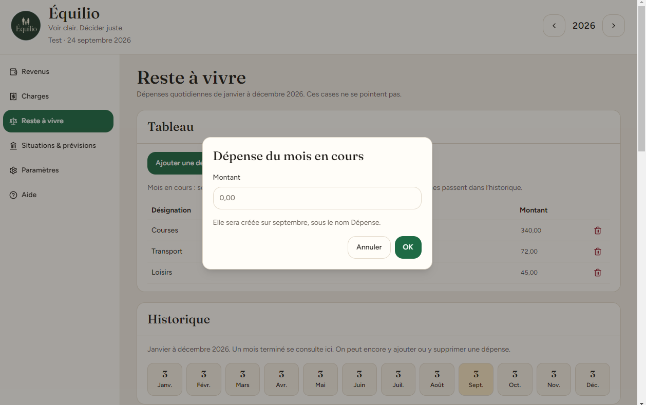 L’écran Reste à vivre : saisie d’une dépense du mois en cours.